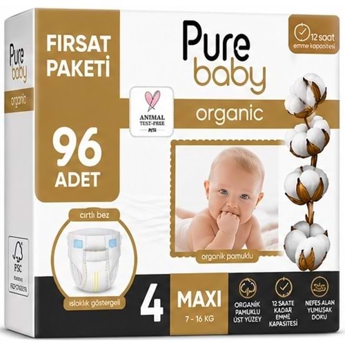 Pure Baby Organik Bebek Bezi 4 Beden 7-16 KG Maxi 96 Adet Ekonomik Fırsat Pk