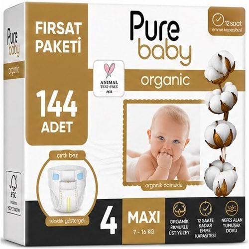 Pure Baby Organik Bebek Bezi 4 Beden 7-16 KG Maxi 144 Adet Aylık Fırsat Pk