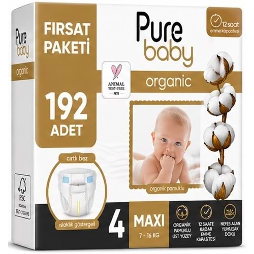 Pure Baby Organik Bebek Bezi 4 Beden 7-16 KG Maxi 192 Adet Avantaj Fırsat Pk