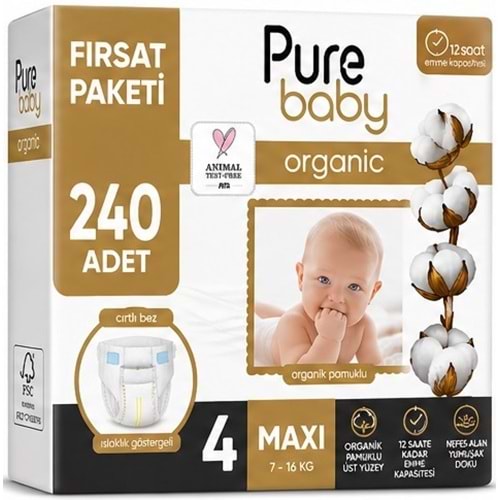 Pure Baby Organik Bebek Bezi 4 Beden 7-16 KG Maxi 240 Adet Mega Fırsat Pk