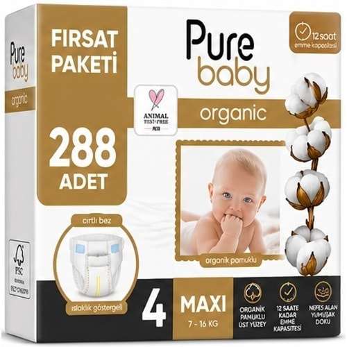 Pure Baby Organik Bebek Bezi 4 Beden 7-16 KG Maxi 288 Adet Ekstra Fırsat Pk