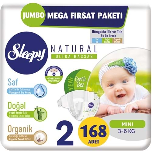 Sleepy Bebek Bezi Naturel Beden:2 (3-6Kg) Mini 168 Adet Jumbo Mega Fırsat Pk