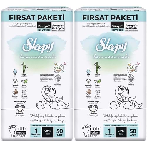 Sleepy Bebek Bezi Bio Natural Beden:1 (2-5KG) Yeni Doğan Newborn 100 Adet Ekonomik Fırsat Pk