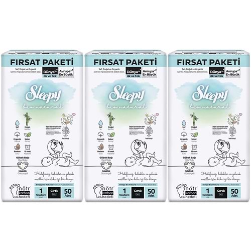 Sleepy Bebek Bezi Bio Natural Beden:1 (2-5KG) Yeni Doğan Newborn 150 Adet Aylık Fırsat Pk