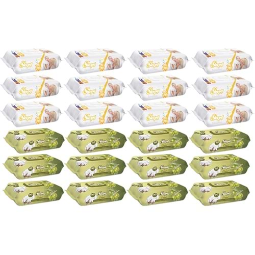 Sleepy Islak Havlu Mendil 90 Yaprak Karma (24 Lü Set) Sensitive & Pamuk-Zeytinyağlı 2160 Yaprak