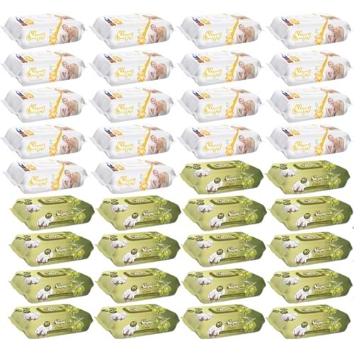 Sleepy Islak Havlu Mendil 90 Yaprak Karma (36 Lı Set) Sensitive & Pamuk-Zeytinyağlı 3240 Yaprak