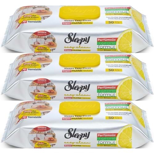 Sleepy Easy Clean Yüzey Temizlik Mutfak Havlusu -Mendili 50 Yaprak Limon Yağlı (3Lü Set) 150 Yaprak