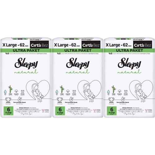 Sleepy Bebek Bezi Natural Beden:6 (15-25KG) Extra Large 186 Adet Aylık Ultra Pk