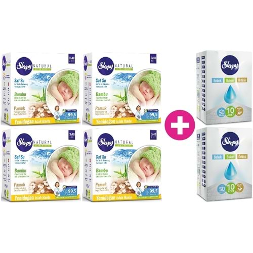 Sleepy Islak Havlu Mendil Pamuklu Yenidoğan Natural Bambu 40 Yaprak 12 Li Set+Bakım Örtüsü 2 Li Set