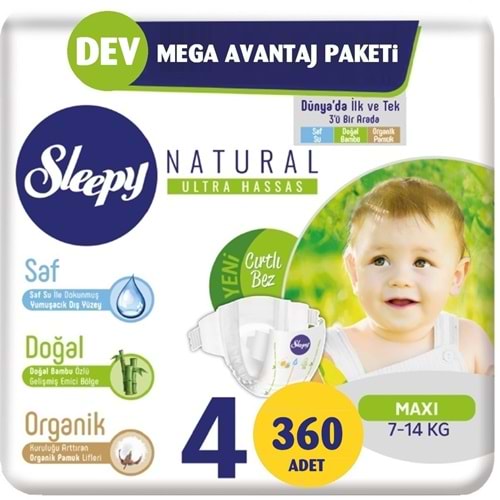Sleepy Bebek Bezi Naturel Beden:4 (7-14Kg) Maxi 360 Adet 2 Li Jumbo Pk Serisi (6 Lı Set)