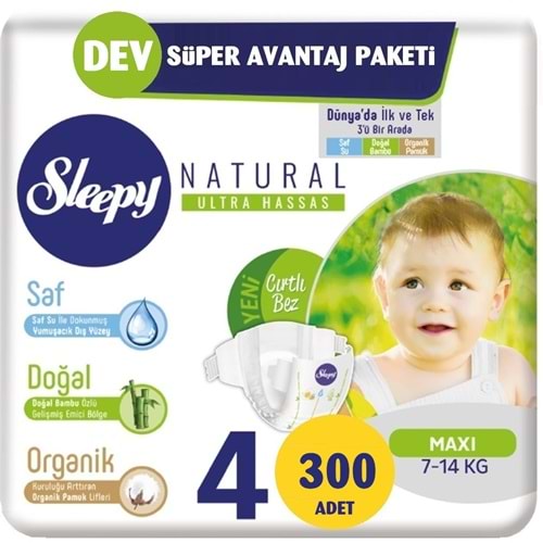 Sleepy Bebek Bezi Naturel Beden:4 (7-14Kg) Maxi 300 Adet 2 Li Jumbo Pk Serisi (5 Li Set)