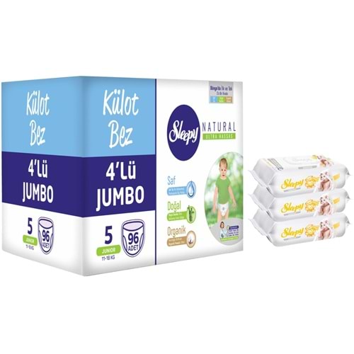 Sleepy Külot Bebek Bezi Naturel 5 Beden 11-18 KG Junior 96 Adet Kutu + 3 Adet Mendil
