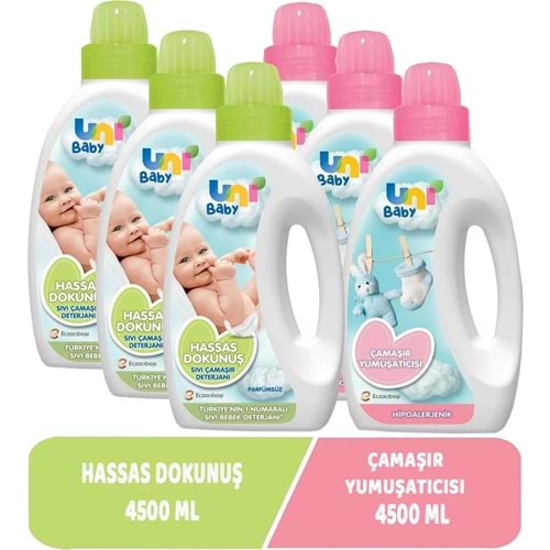 Uni Baby Çamaşır Deterjanı Sensitive 1500ML+Yumuşatıcı 1500ML Hassas/Hipoalerjenik Karma (6 Lı Set)