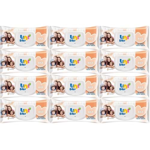 Uni Baby Islak Havlu Mendil 90 Yaprak Aile (12 Li Set) 1080 Yaprak Plastik Kapaklı