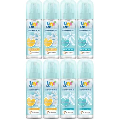 Uni Baby Bebek Kolonyası 150ML Karma Set Nemlendiricili (Bebeksi Dokunu/Çiçeksi Ferahlık) (8 Li Set)