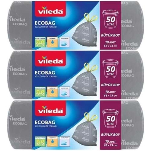 Vileda Ecobag Büzgülü Çöp Torbası 68X73CM Büyük Boy 30 Lu Set (3PK*10)