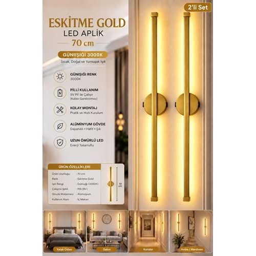 MANDAŞ Eskitme Gold Gün Işığı 70 CM Led Duvar Aplik 2 Adet Pilli Kablosuz Kullanım Tak-Çalıştır