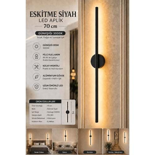 MANDAŞ Siyah Gün Işığı 70 CM Led Duvar Aplik 3 Adet|Pilli Kablosuz Kullanım Tak-Çalıştır