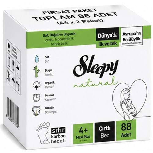 Sleepy Bebek Bezi Natural 4+ Beden (9-16 KG) Maxi Plus 88 Adet Ekonomik Fırsat Pk