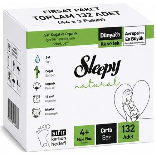 Sleepy Bebek Bezi Natural 4+ Beden (9-16 KG) Maxi Plus 132 Adet Aylık Fırsat Pk