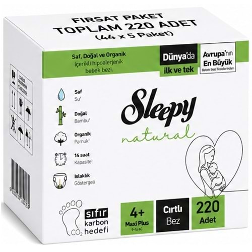 Sleepy Bebek Bezi Natural 4+ Beden (9-16 KG) Maxi Plus 220 Adet Mega Fırsat Pk