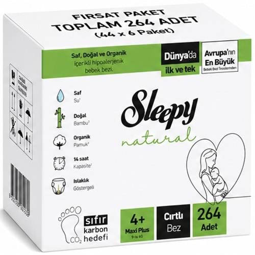 Sleepy Bebek Bezi Natural 4+ Beden (9-16 KG) Maxi Plus 264 Adet Ekstra Fırsat Pk