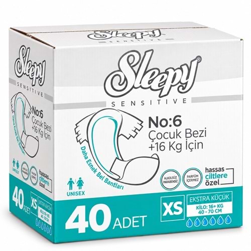 Sleepy Çocuk Bezi Bel Bantlı XS - Extra Küçük - Ekstra Küçük 40 Adet (16+ KG Bel Ölçüsü 40-70 CM)
