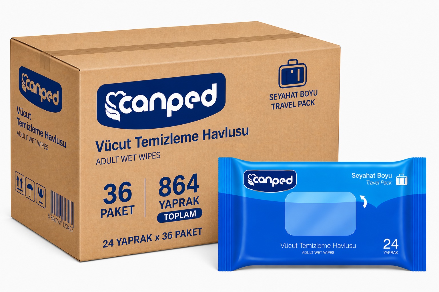 Canped Yetişkin Vücut Temizleme Islak Mendil Havlu 24 Yaprak