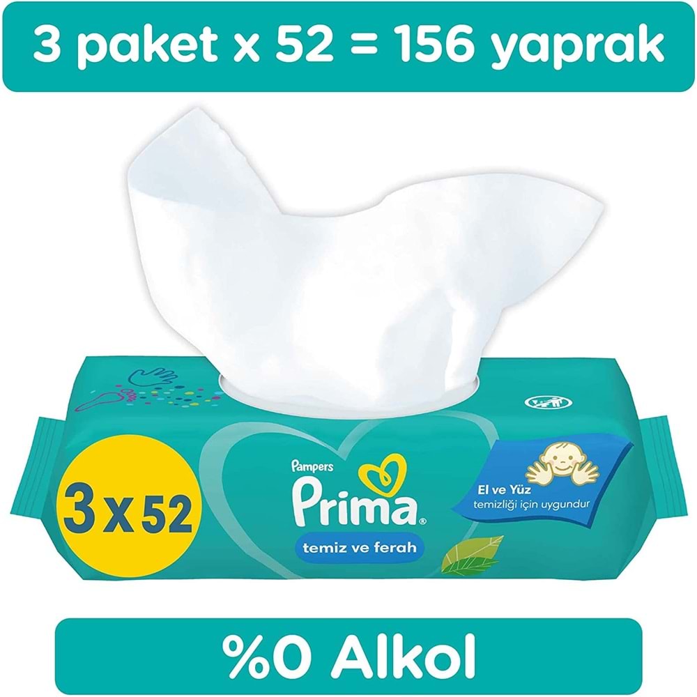 Prima Islak Havlu Mendil Temiz ve Ferah (Bitki Bazlı) 52 Yaprak (3 Lü Pk) 156 Yaprak