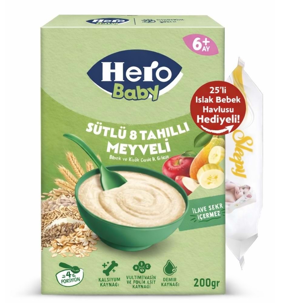 Hero Baby Kaşık Maması 200GR Sütlü 8 Tahıllı Meyveli + Islak Mendil Hediye