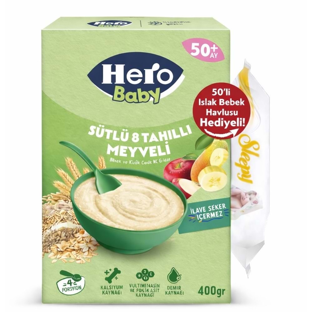 Hero Baby Kaşık Maması 400GR Sütlü 8 Tahıllı Meyveli + Islak Mendil Hediye
