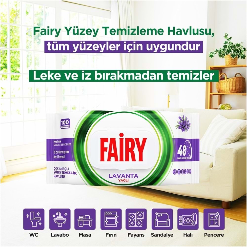 Fairy Yüzey Temizlik Havlusu 100 Yaprak Lavanta Yağlı - Beyaz Sirke - Karbonat Plastik Kapaklı