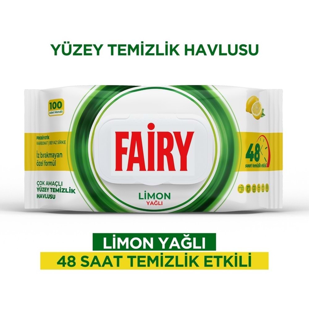 Fairy Yüzey Temizlik Havlusu 100 Yaprak Limon Yağlı - Beyaz Sirke - Karbonat Plastik Kapaklı