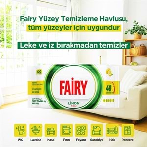 Fairy Yüzey Temizlik Havlusu 100 Yaprak Limon Yağlı - Beyaz Sirke - Karbonat Plastik Kapaklı