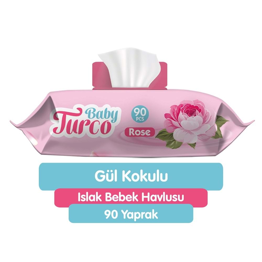 Baby Turco Islak Havlu Mendil 90 Yaprak Gül/Rose Plastik Kapaklı Tekli Pk