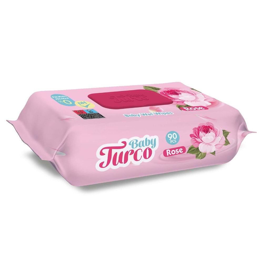Baby Turco Islak Havlu Mendil 90 Yaprak Gül/Rose Plastik Kapaklı Tekli Pk