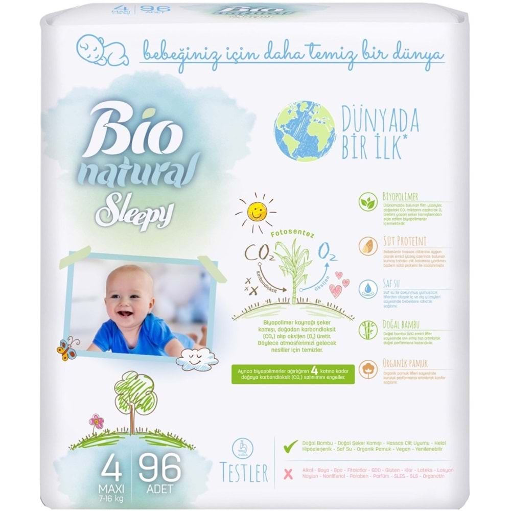Sleepy Bebek Bezi Bio Natural Beden:4 (7-16Kg) Maxi 96 Adet Ultra Pk