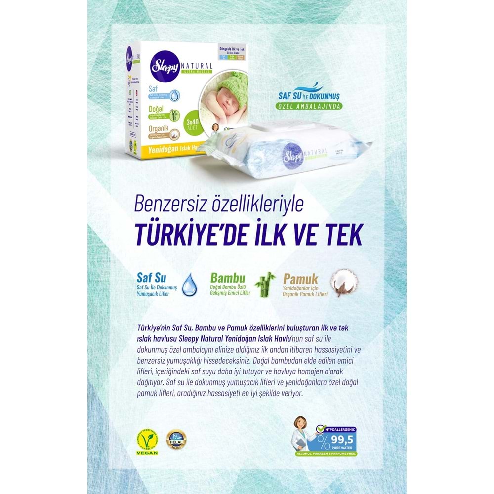 Sleepy Islak Havlu Mendil Pamuklu Yenidoğan Natural Bambu 40 Yaprak Tekli Pk
