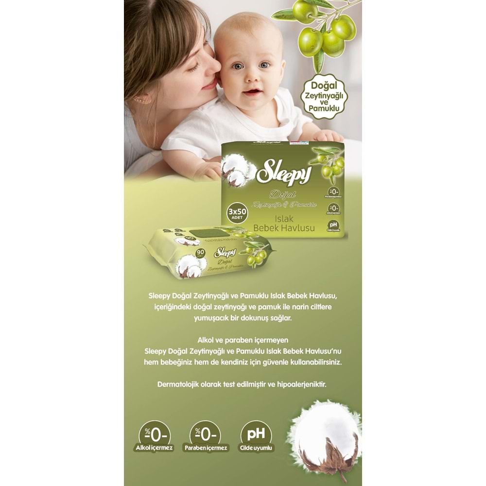 Sleepy Islak Havlu Mendil 90 Yaprak Zeytin Yağlı 3 Lü Pk Avantaj Pk Plastik Kapaklı