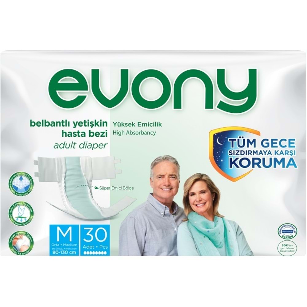 Evony Yetişkin Bezi Bel Bantlı Tekstil Yüzey M - Orta - Medium 30 Adet Tekli Pk
