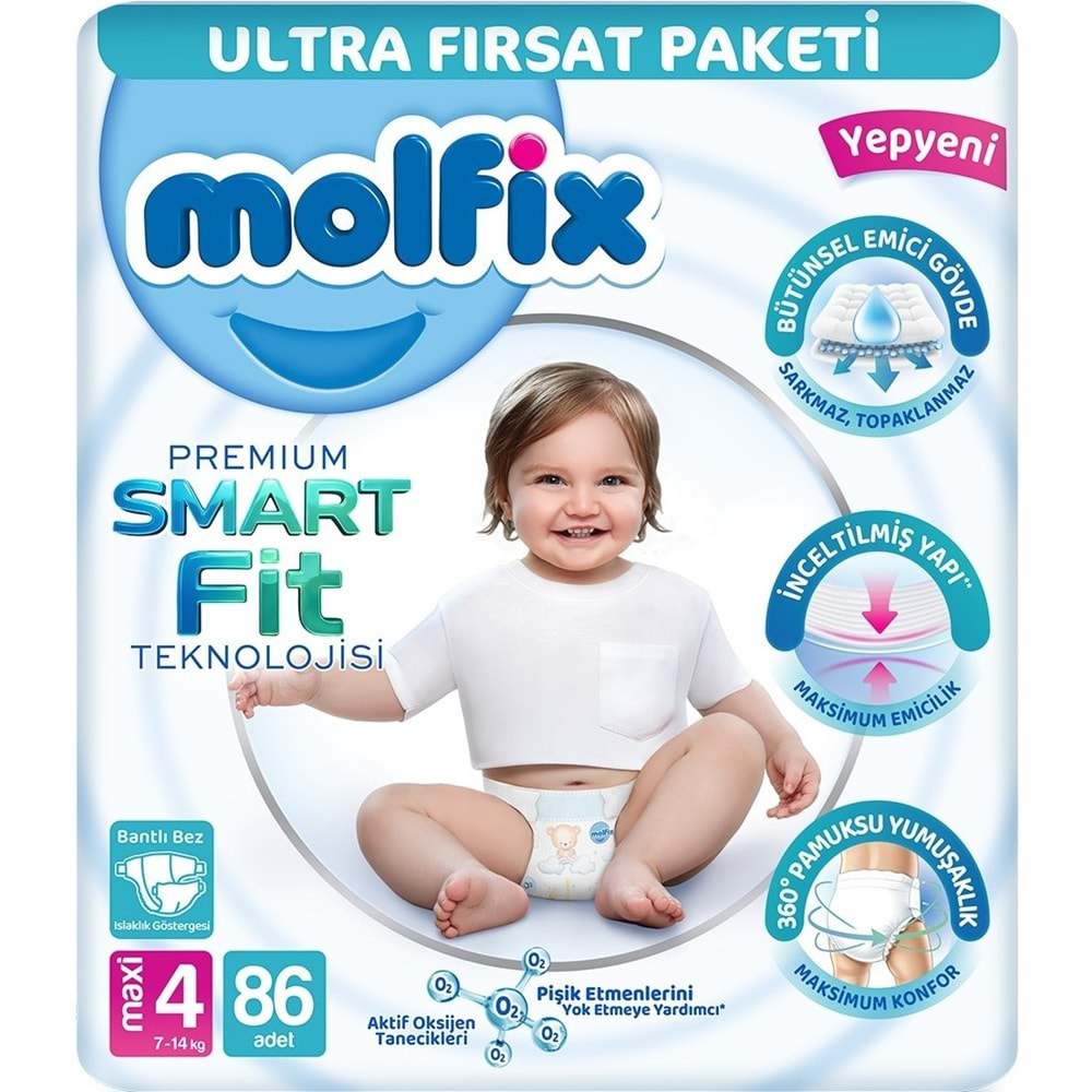 Molfix Premium Smart Fit Bebek Bezi 4 Beden 7-14 KG Maxi 86 Adet Ultra Fırsat Pk