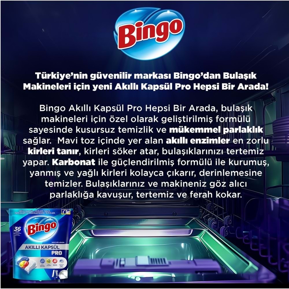 Bingo Akıllı Kapsül Pro Bulaşık Makinesi Deterjanı Tableti 50 Adet Limon Kokulu