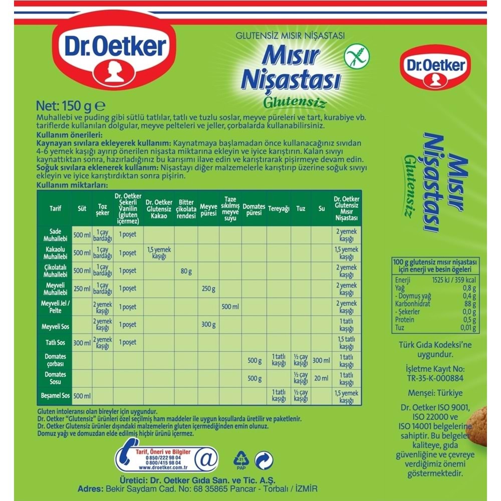 Dr. Oetker Glutensiz Mısır Nişastası 150GR