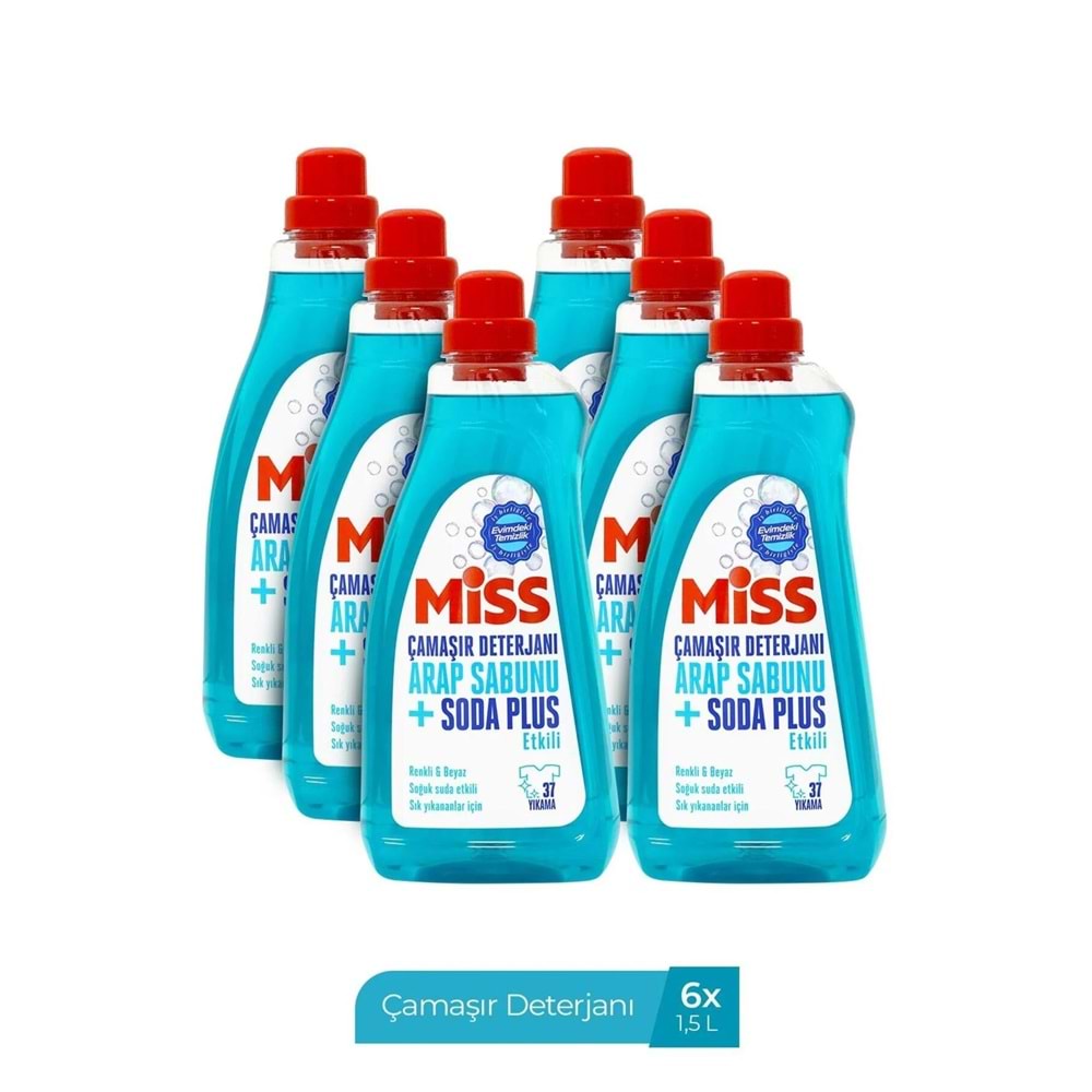 Miss Arap Sabunu ve Soda Plus Etkili Sıvı Çamaşır Deterjanı Renkli & Beyaz 1500ML (6 Lı Set) 1 Koli