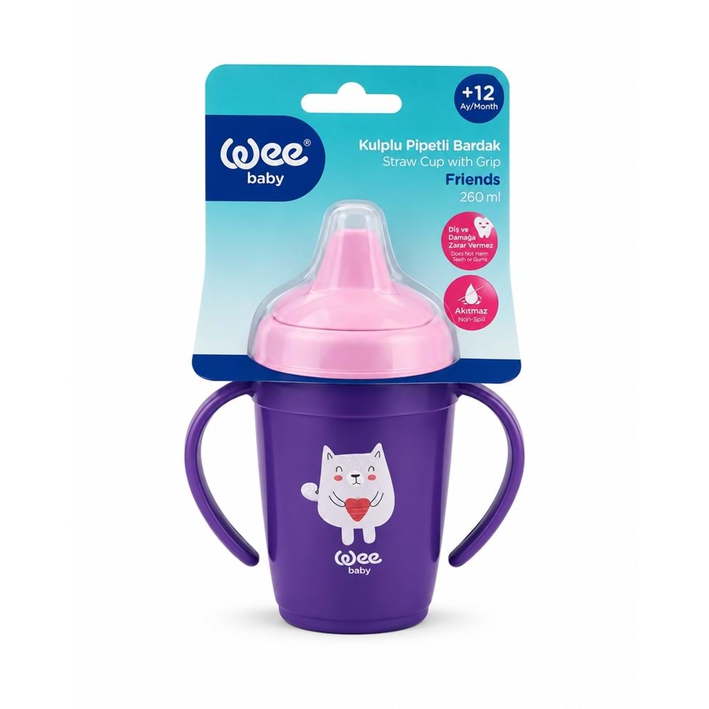 Wee Baby Friends Kulplu Pipetli Bardak 265 ML (Kod:339) Seçenekli - Mor