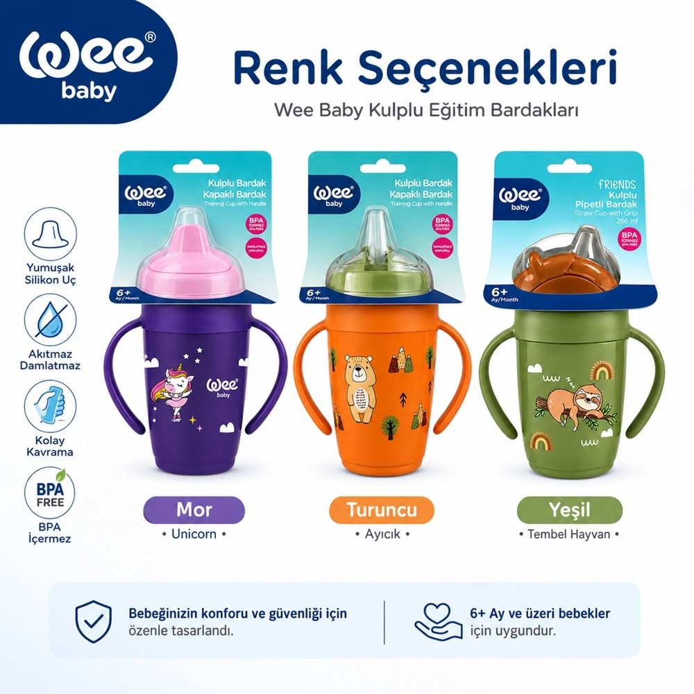 Wee Baby Friends Kulplu Pipetli Bardak 265 ML (Kod:339) Seçenekli - Mor