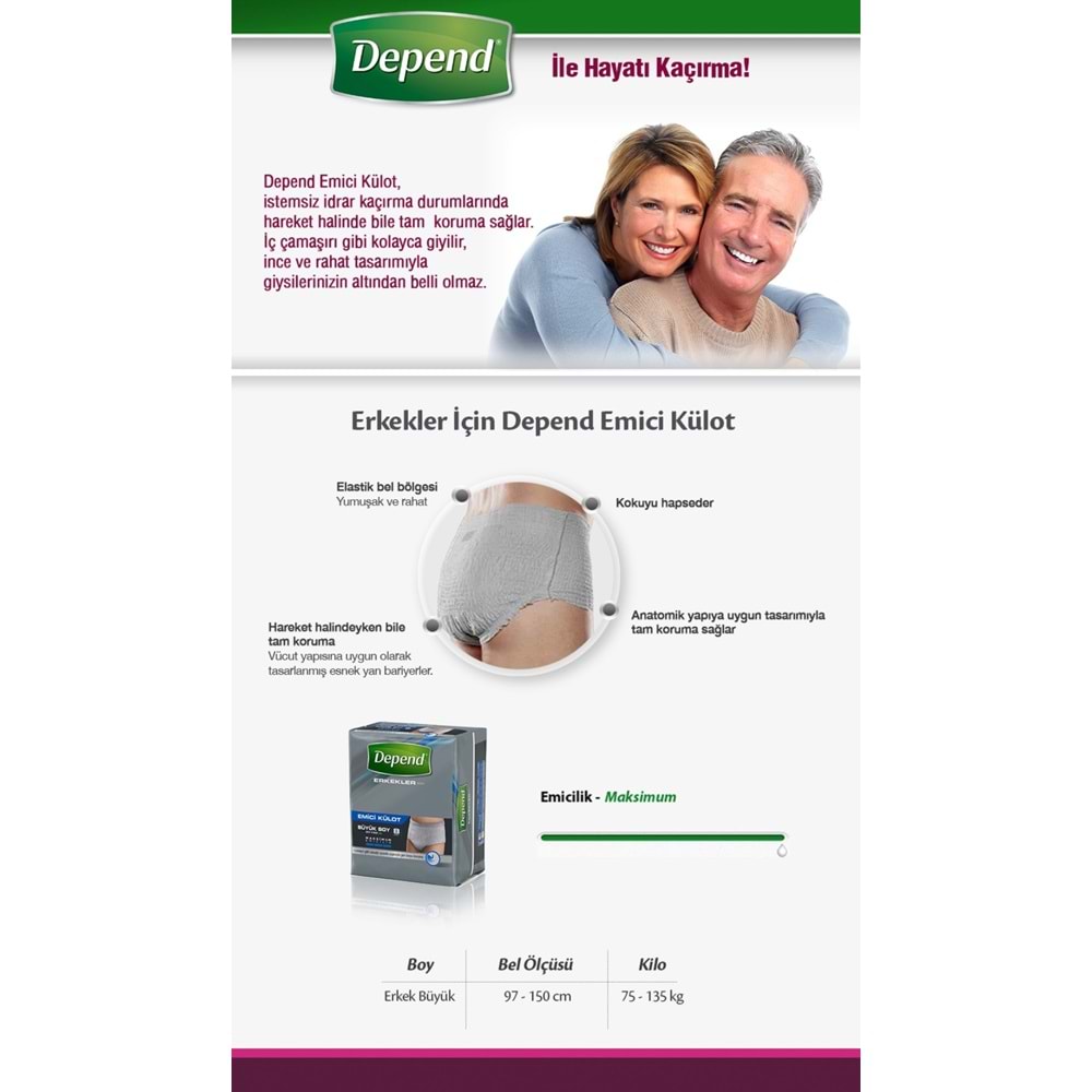 Depend Emici Külot Pants Yetişkin Bezi L - Büyük - Large Erkek (İç Adet 8 Adet) Tekli Pk