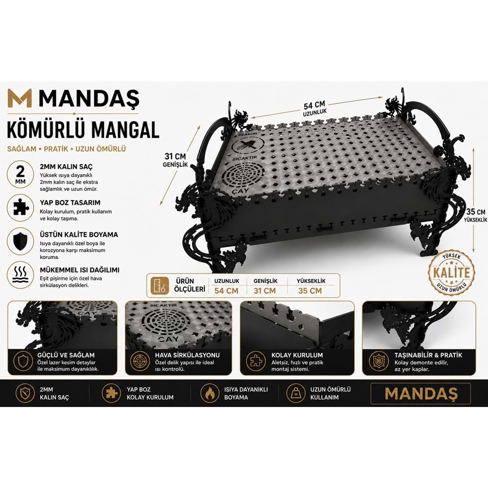 MANDAŞ Yapboz Kömürlü Mangal 54x31x35 cm - 2 mm Kalın Çelik - Elektrostatik Boyalı - Kolay Kurulum