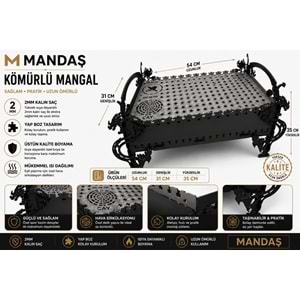 MANDAŞ Yapboz Kömürlü Mangal 54x31x35 cm - 2 mm Kalın Çelik - Elektrostatik Boyalı - Kolay Kurulum