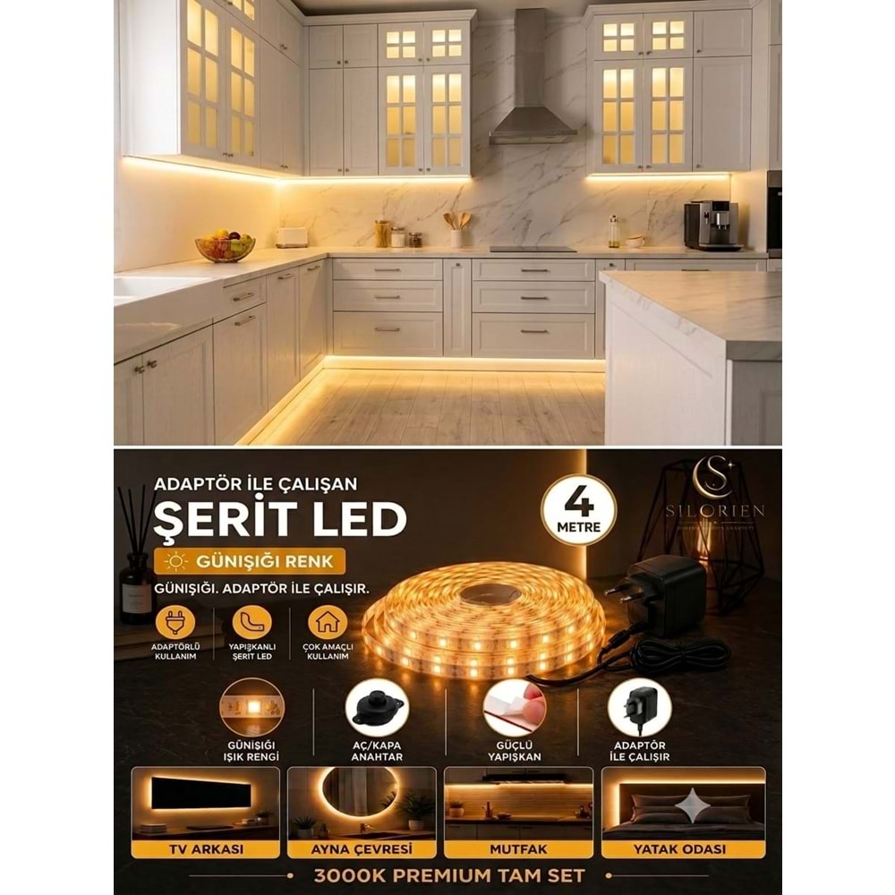 Silorien 4 Metre Günışığı Şerit LED Mutfak Dolabı Tezgah Üstü Adaptörlü Aç Kapa Düğmeli Tak Çalıştır